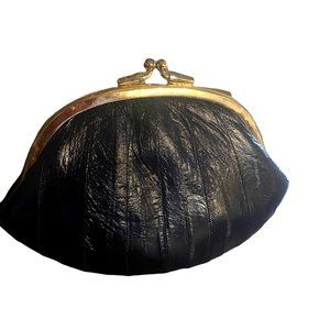 Eel Skin Coin Purse Blue with Gold Frame
